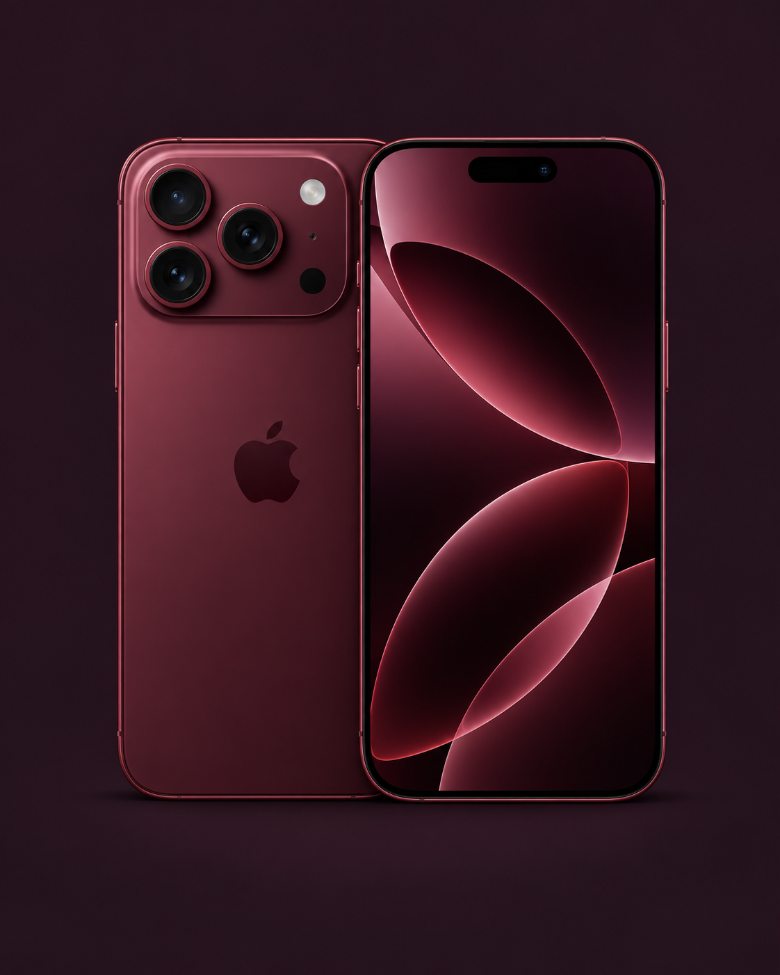 iPhone 18 Pro Max completo en color borgoña, vista frontal y posterior
